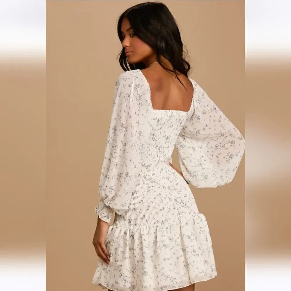 Lulu's Va Va Bloom Ivory Floral Print Smocked Long Sleeve Mini Dress Size XS